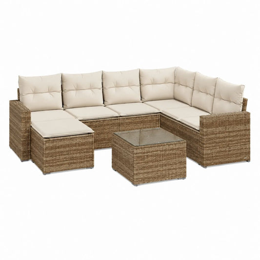 Gartenlounge Set 7-teilig Beige PE-Polyrattan L-Form mit Glastisch 280 x 210 x 70 cm