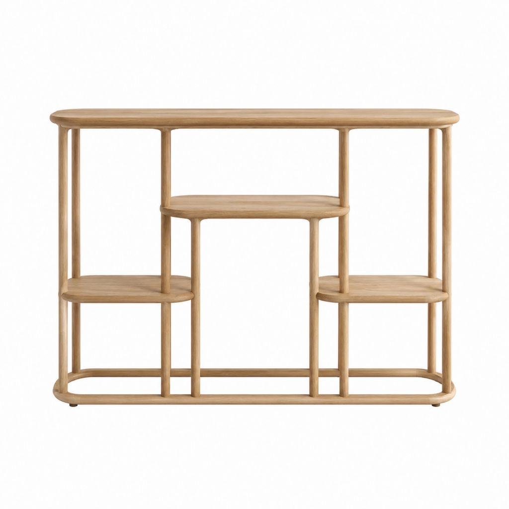 Konsolentisch mit Ablagen naturfarben aus massivem Gummibaumholz oval 120 x 35 x 85 cm