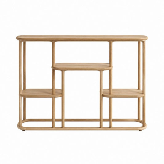 Konsolentisch mit Ablagen naturfarben aus massivem Gummibaumholz oval 120 x 35 x 85 cm