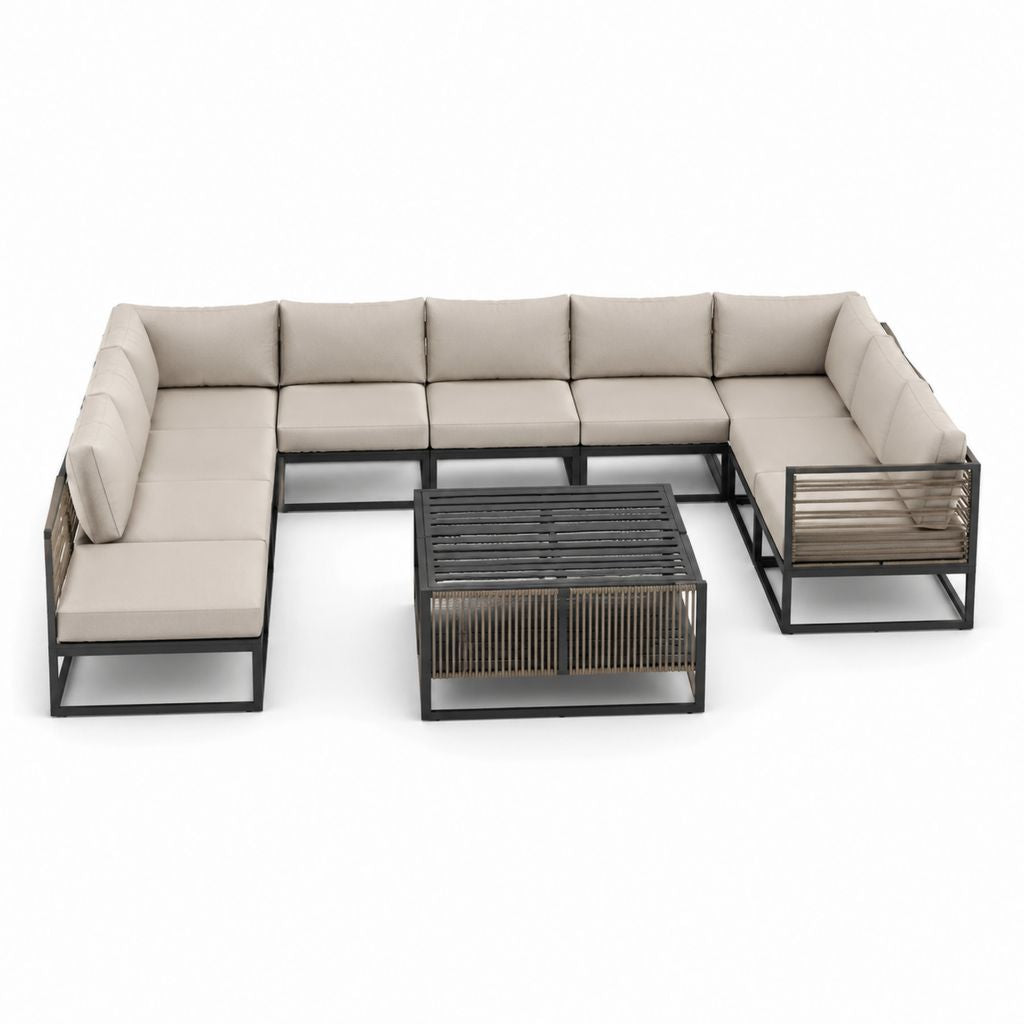 8-teiliges Gartenlounge-Set U-Form Beige Stahl Polyester 292 x 230 x 68 cm