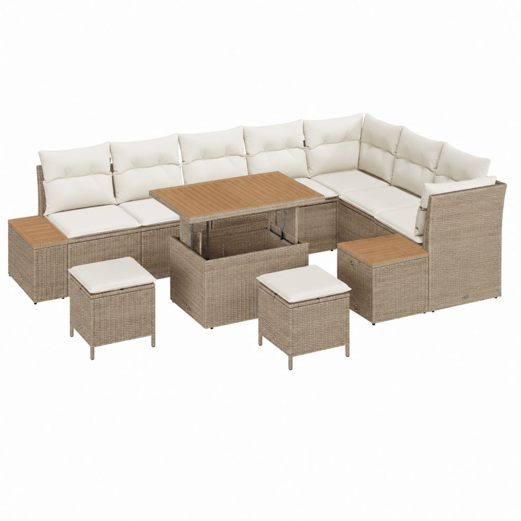 Gartenlounge Set Beige PE-Rattan mit Ecksofa Tisch und 2 Hockern 280 x 210 cm