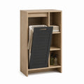 Badezimmer Hochschrank mit Wäschekorb Eichenoptik und Schwarz aus Spanplatte 60 x 35 x 120 cm