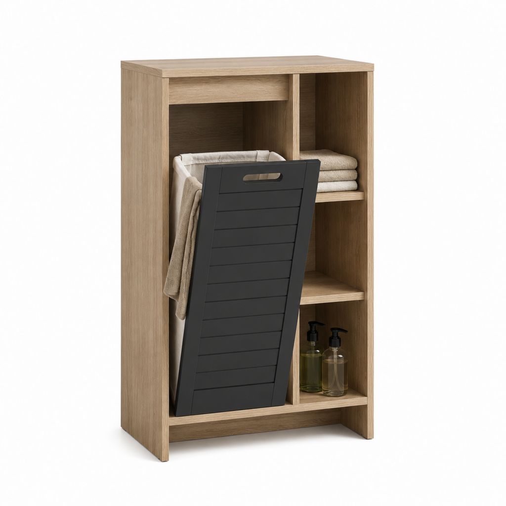 Badezimmer Hochschrank mit Wäschekorb Eichenoptik und Schwarz aus Spanplatte 60 x 35 x 120 cm