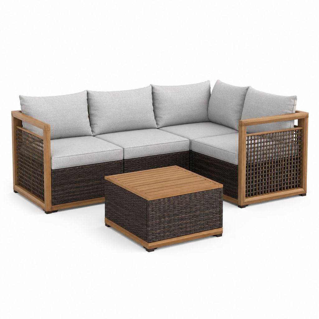 Gartenlounge Ecksofa Set 3-teilig Grau PE-Rattan Akazienholz 220 x 220 cm