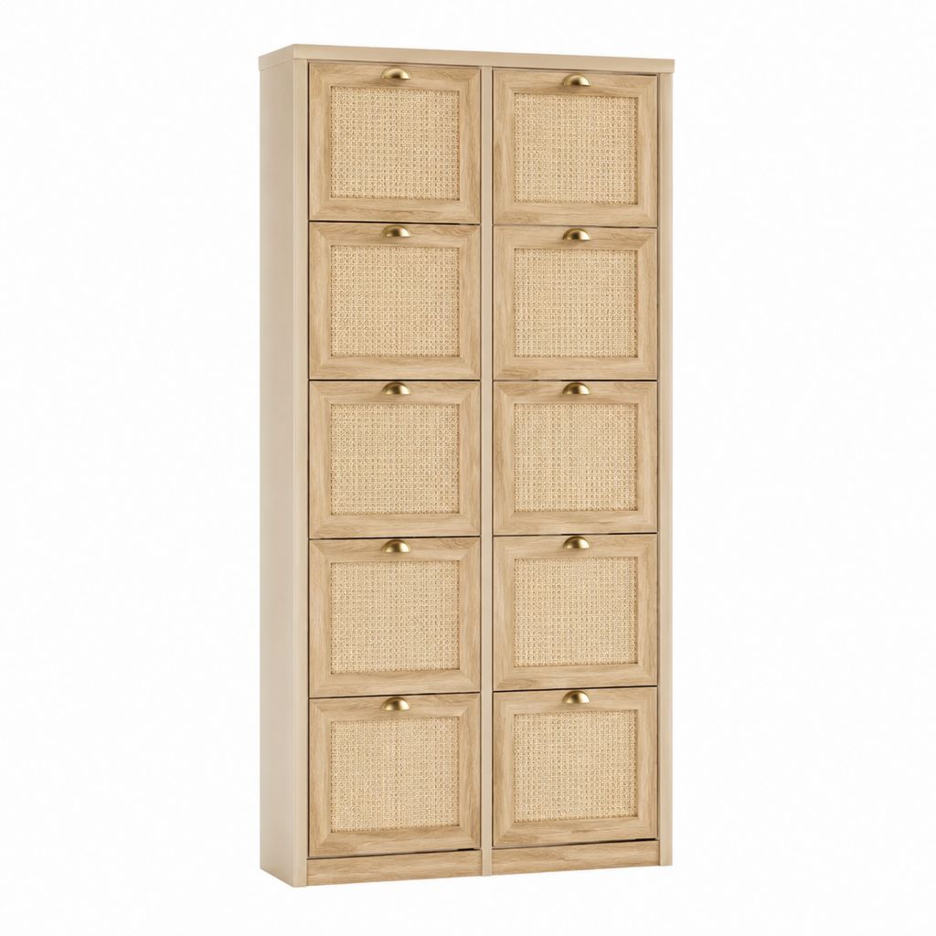 Schuhschrank mit 10 Klappen Natur Massivholz Rattan rechteckig 80 x 24 x 120 cm