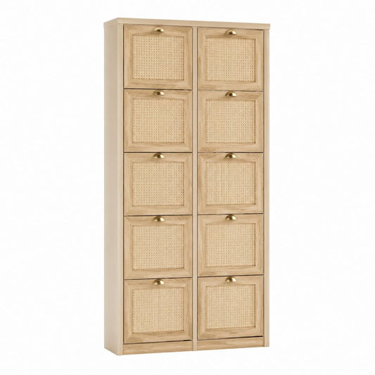 Schuhschrank mit 10 Klappen Natur Massivholz Rattan rechteckig 80 x 24 x 120 cm